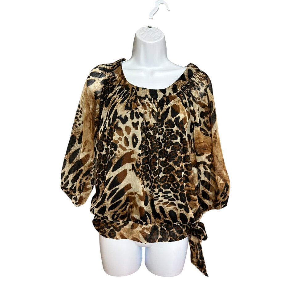 NWD Animal Leopard Print Puffy Sleeve Tie Waist Blouse Size S